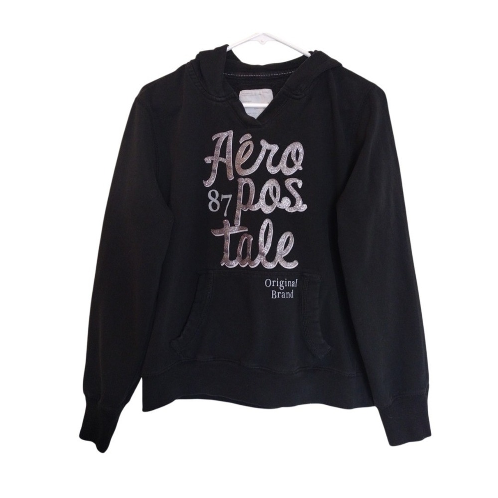 Aeropostale Hooded Sweatshirt Kid XL‎ Black Silver Glitter Logo Pullover Junior